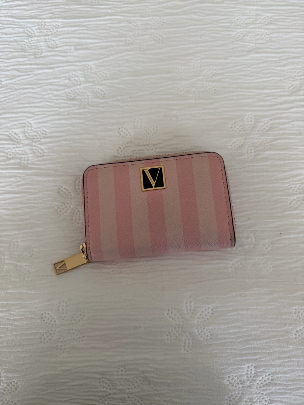Victoria's Secret Pink Striped Zip-Around Wallet with Gold Logo